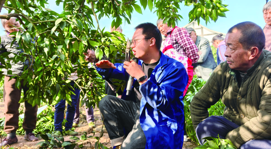 果农们围在一起听果树管护专家讲课 记者 温显杰 摄.png